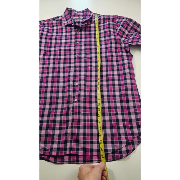 Express fitted L mens long sleeve button up purple plaid 16 - 16.5 proffesional - Picture 9 of 9